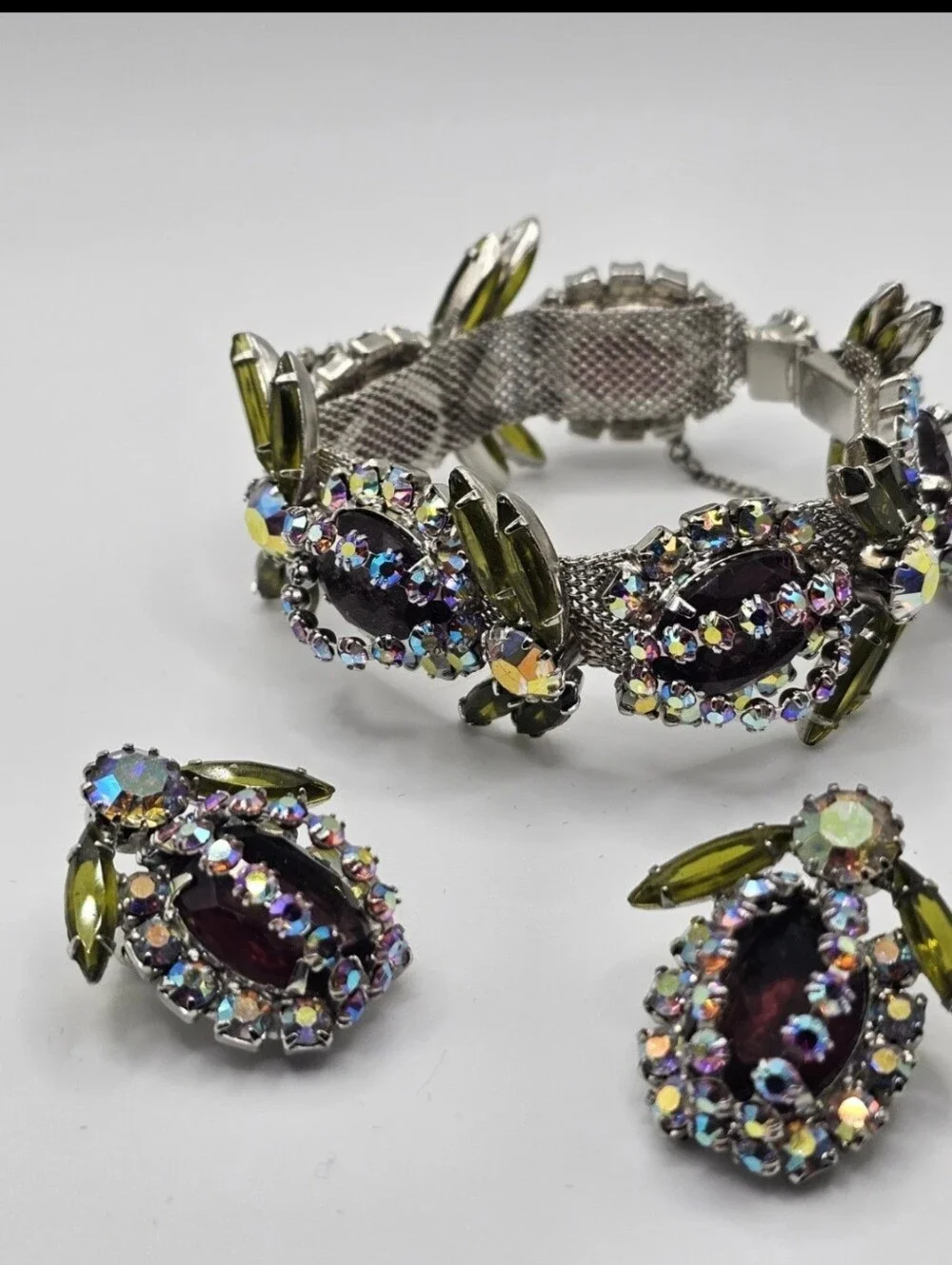 Vintage Unsigned Mid-Century Rhinestone Demi-Parure Set - Bracelet & Clip Earrin
